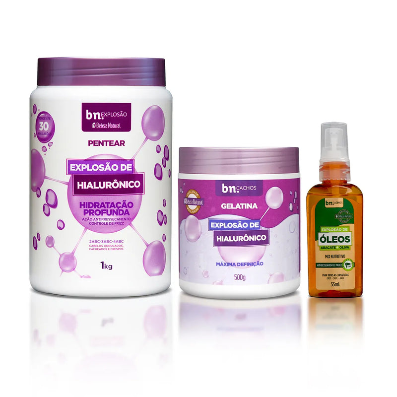 Kit com Creme de Pentear + Gelatina Explosão de Hialurônico + Óleo de Abacate e Oliva | bn.Cachos