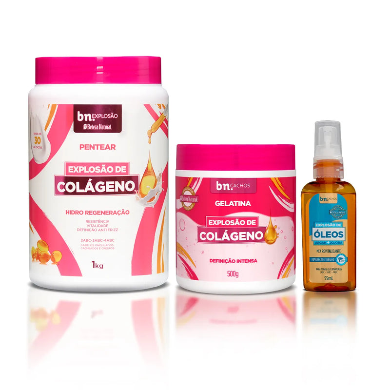 Kit com Creme de Pentear + Gelatina Explosão de Colágeno + Óleo de Jojoba e Argan | bn.Cachos